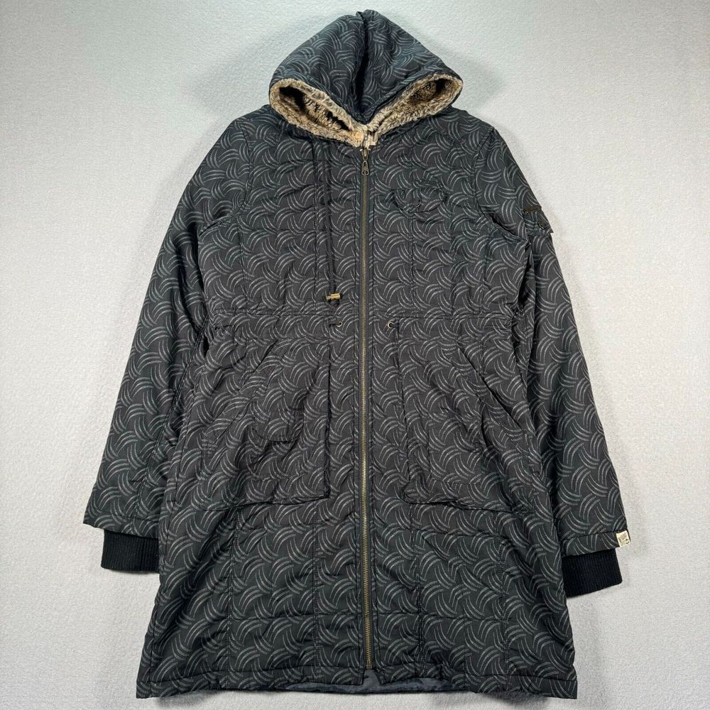 Billabong Coat Jacket‎ Womens XL Black Fur Hood Weatherproof Rain Long Outdoors